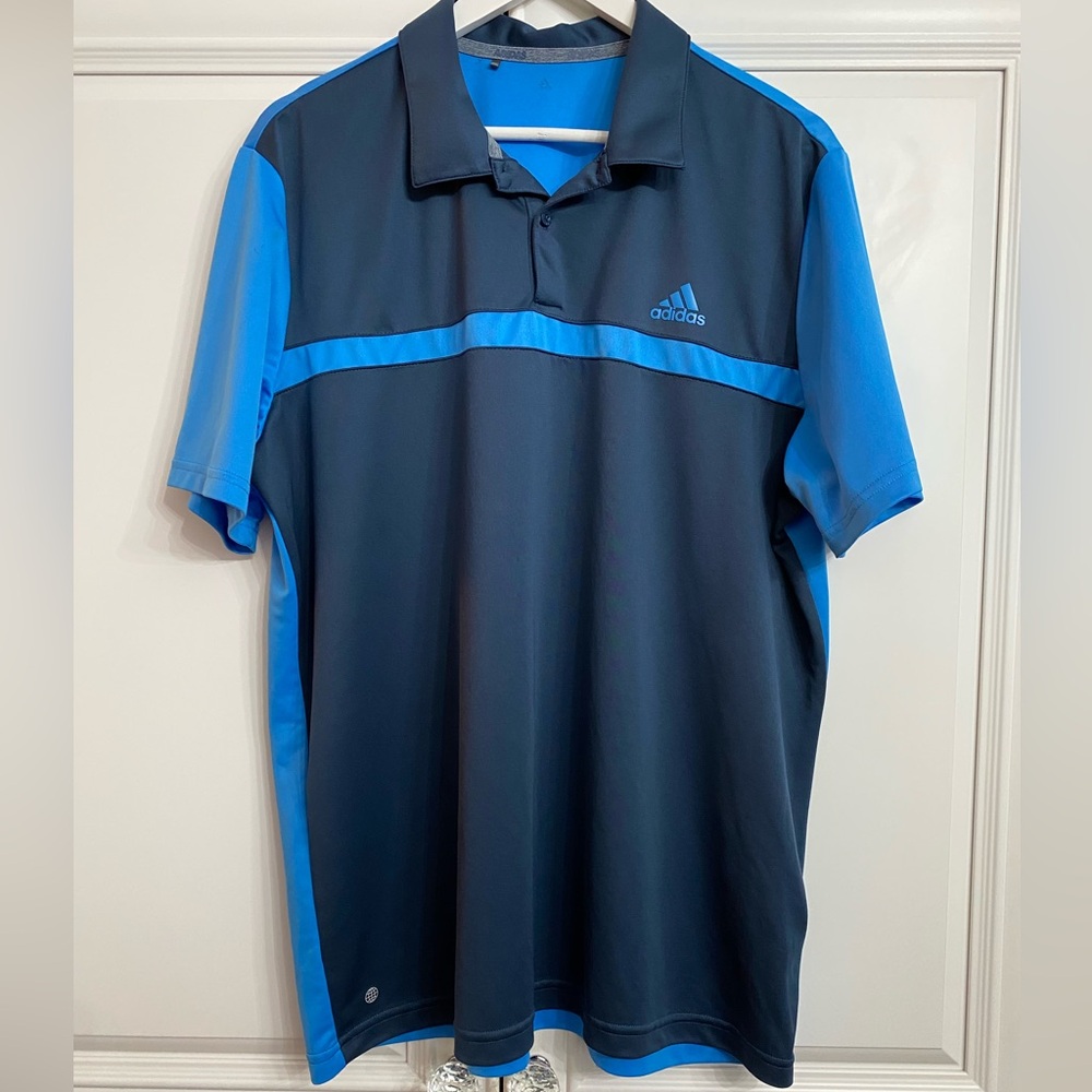 Adidas Men’s Size XL Short Sleeve Polo Shirt Light Blue + Navy 100% Polyester